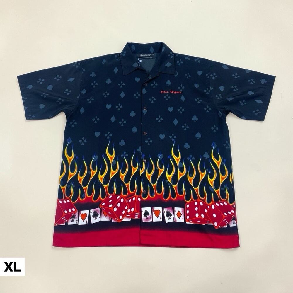 Vintage Sin City Casino Shirt Mens XL Flames Las Vegas Cards‎ Dice Button Up Y2K